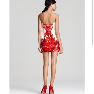 Tibi Rococo Red and Cream Silk Strapless Dress
